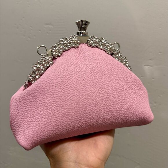 Pink Togo Calfskin Handmade Unique Kisslock Clutch, Wristlet, Crossbody - Picture 6 of 16